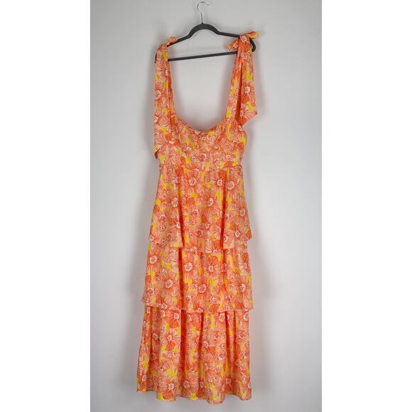 Selfie Leslie Arlowe Tied Shoulder Floral Tiered Midi Dress Orange Women Size 12 - Picture 5 of 14